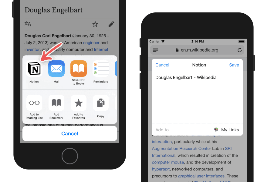 Une capture d’écran du Web Clipper de Notion sur iOS, enregistrant une page