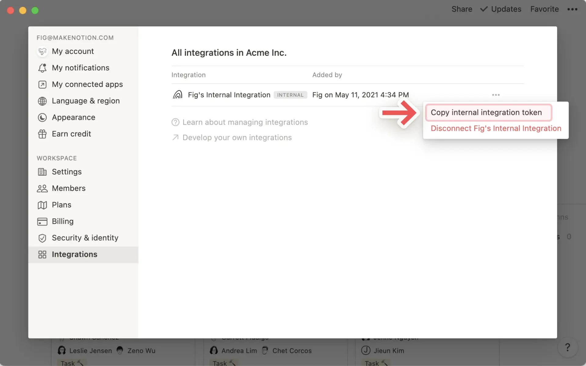 Ajouter et gérer des intégrations - jeton d’intégration interne