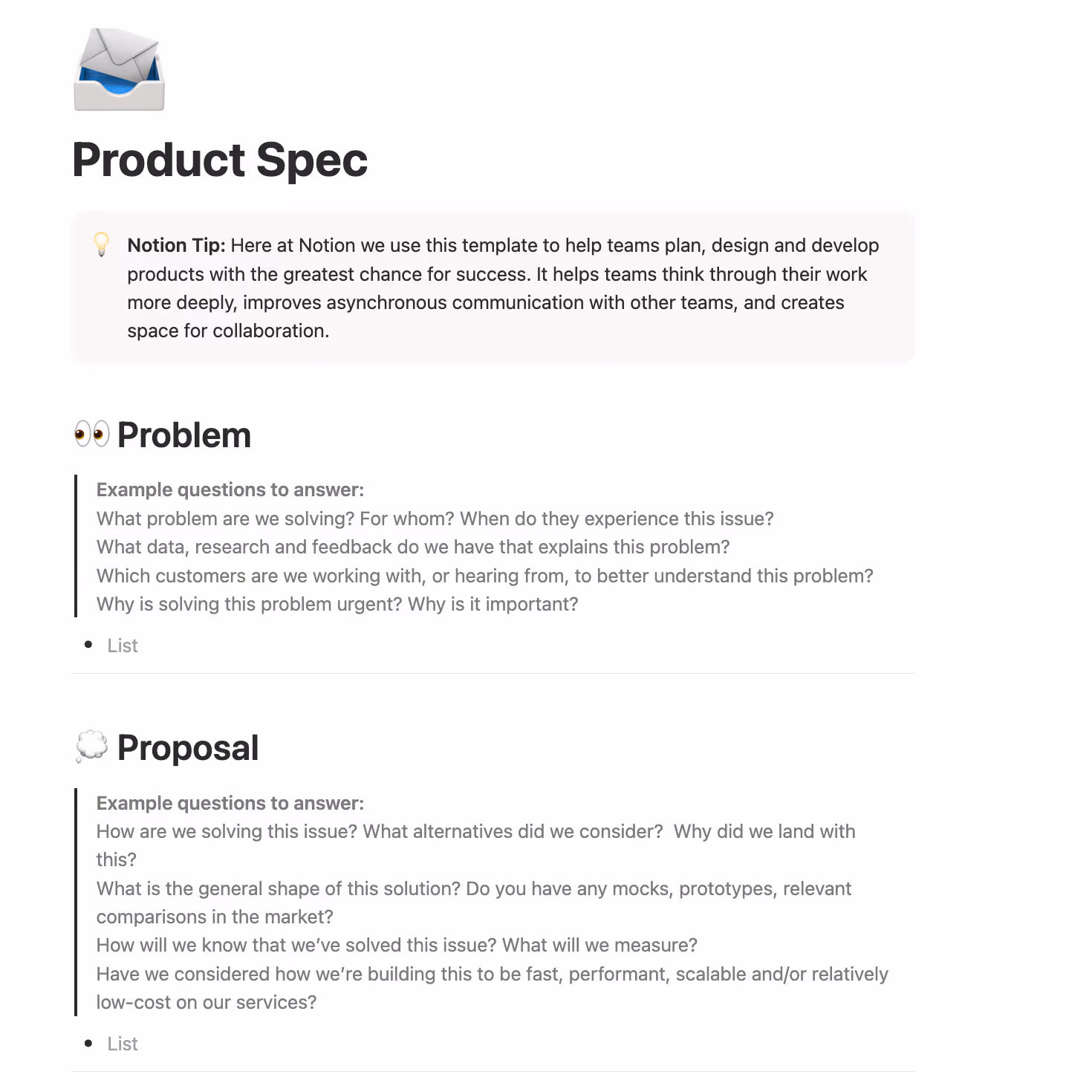 Notion’s product spec template, which shows a problem section with example questions