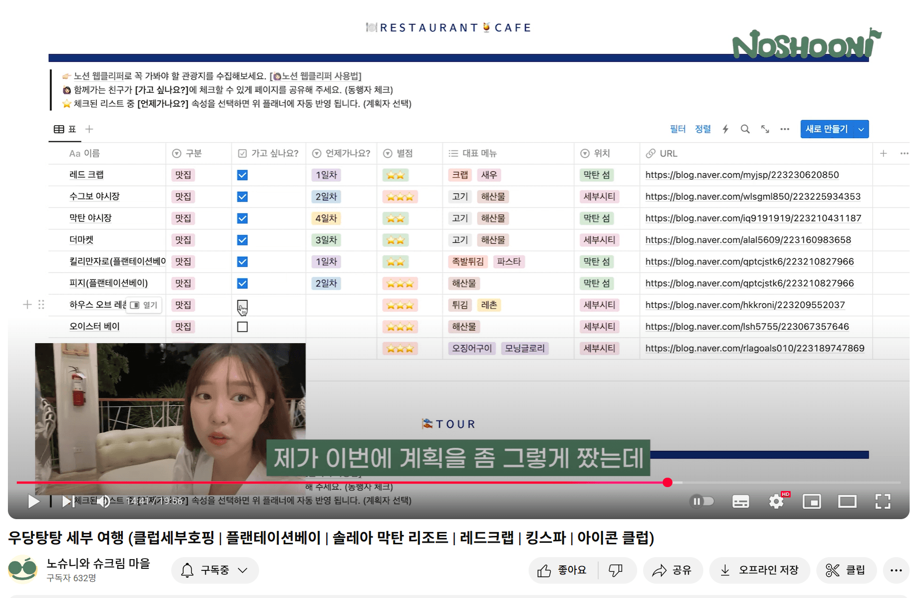 오수인(노슈니) : 직접 제작한 Notion 여행 템플릿을 활용해 찍은 유튜브 영상
