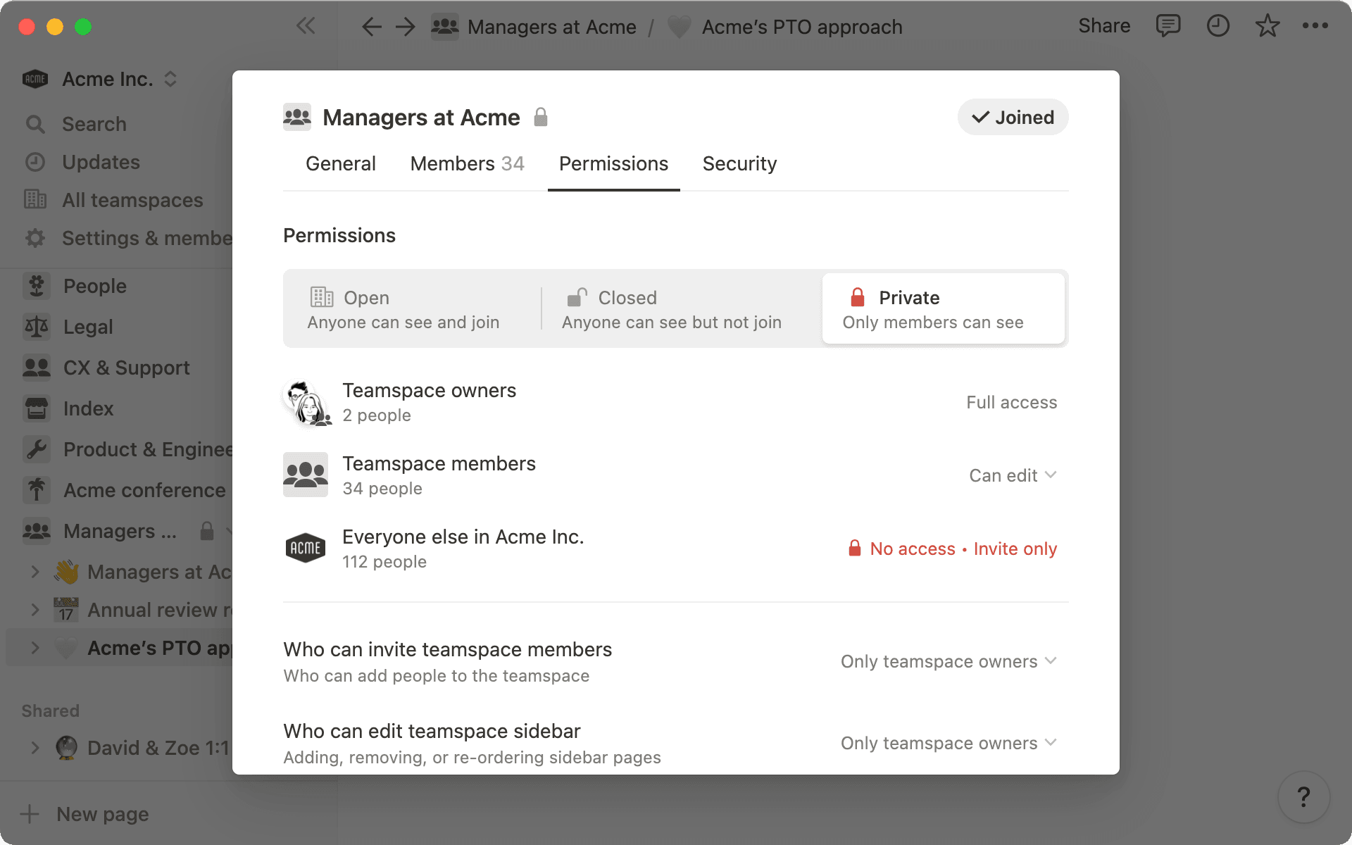Créez des paramètres d’autorisation personnalisés en fonction de vos besoins : toutes les pages de votre espace d’équipe hériteront de ces paramètres.