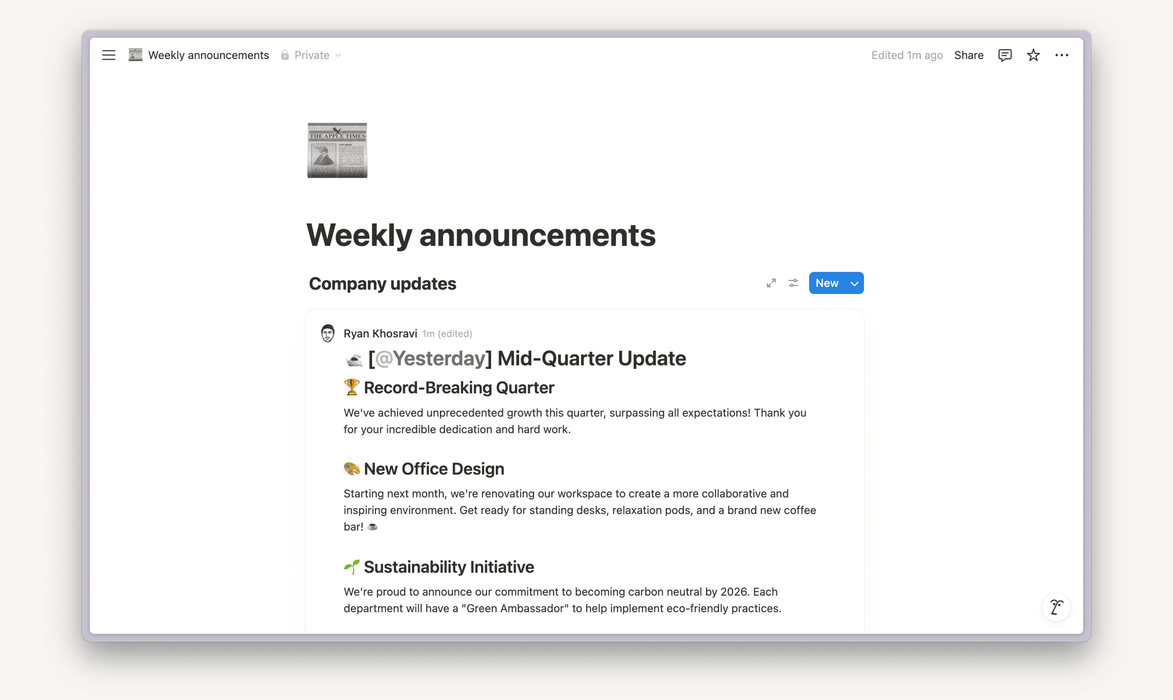 Aide : Exemple de vue Fil d’actualité