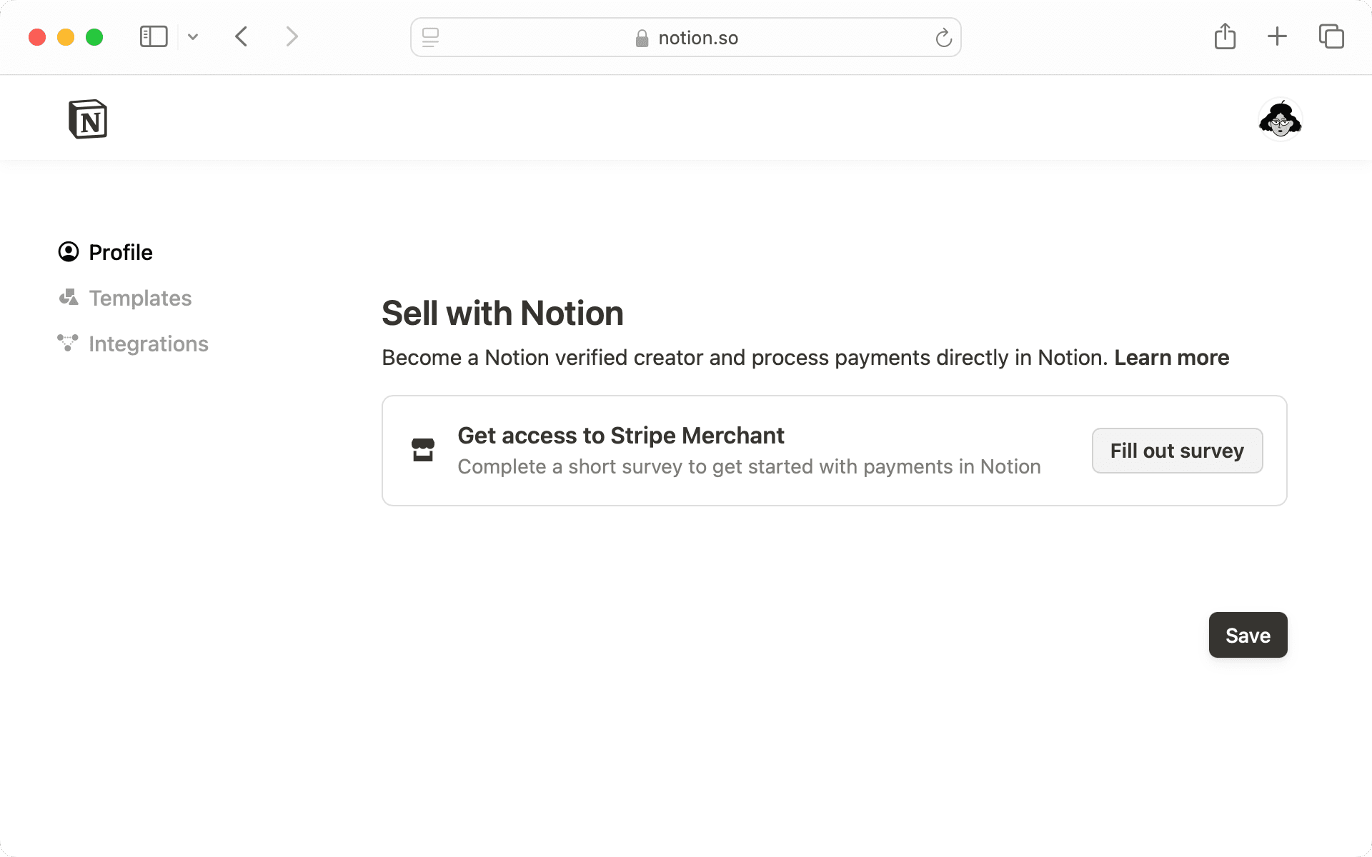 Si vous souhaitez vendre par l’intermédiaire de Notion, remplissez le questionnaire pour avoir accès à Stripe Merchant.