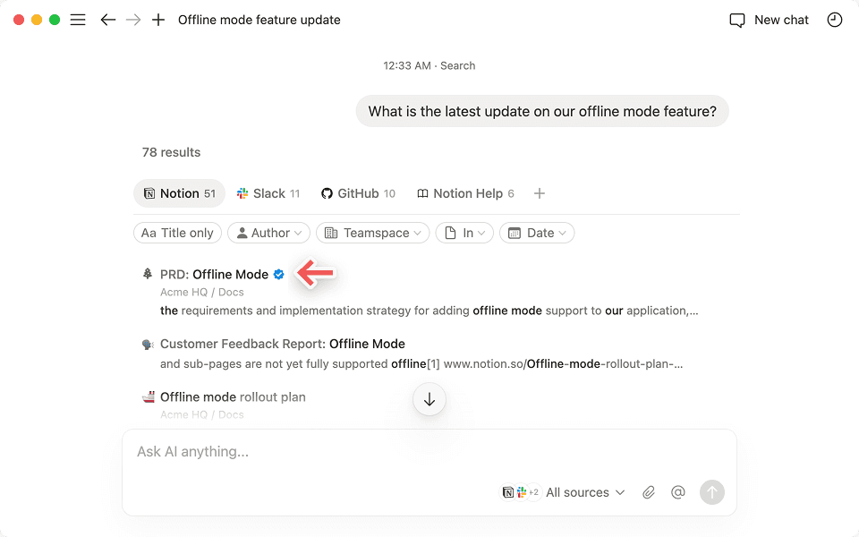 Vous verrez une coche bleue à côté du contenu que Notion a marqué comme « vérifié ».