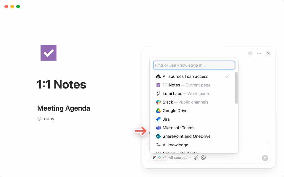 Sélectionnez l’option + Connecter des applications dans l’onglet « Toutes les sources » de votre chat avec l’IA de Notion pour commencer.
