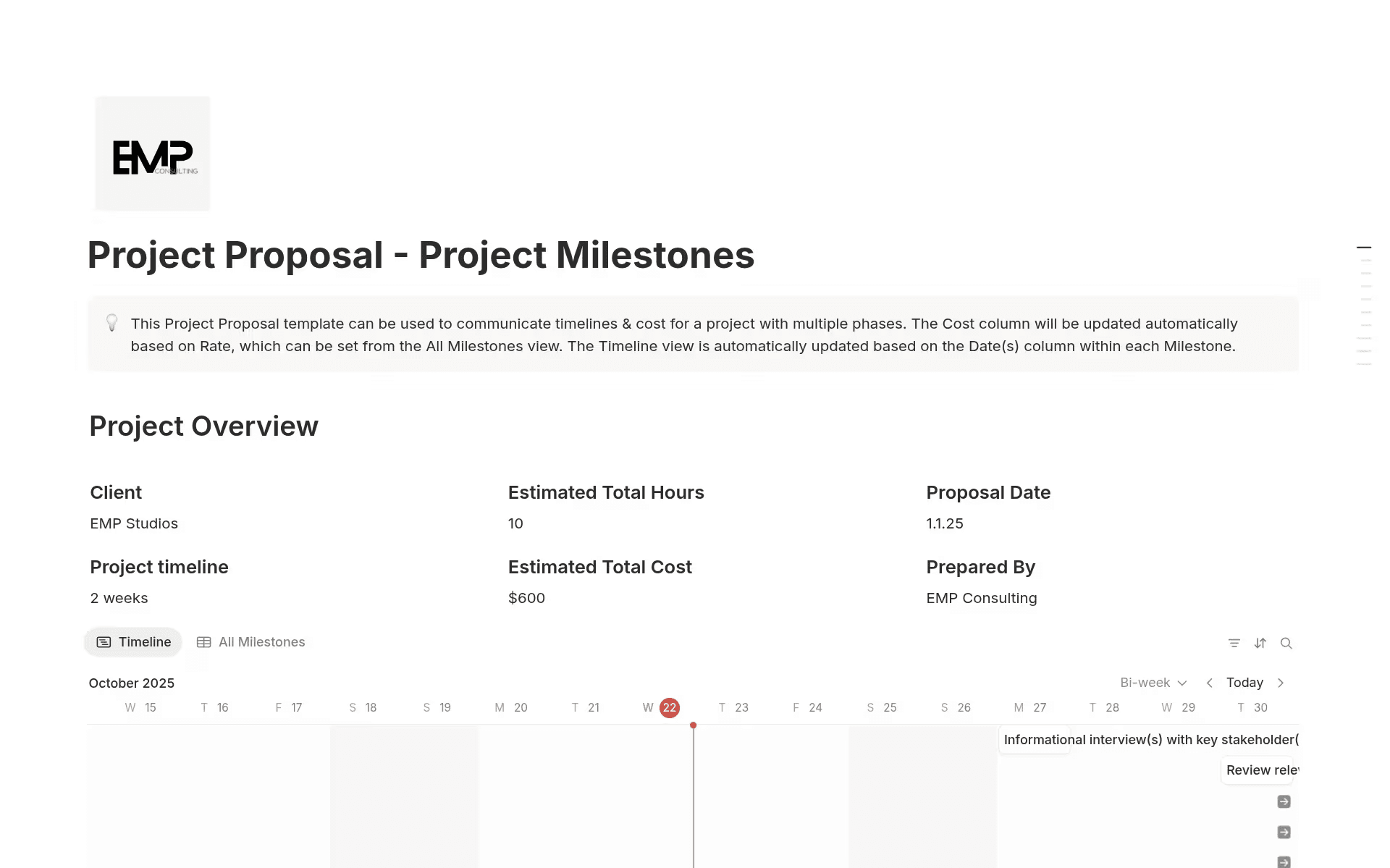 Notion’s project proposal template with milestones shows the project overview with dates, timelines, and estimated costs.
