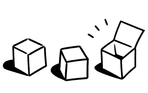 닫힌 상자 2개와 열린 상자 1개를 그린 미니멀한 흑백 라인 드로잉.