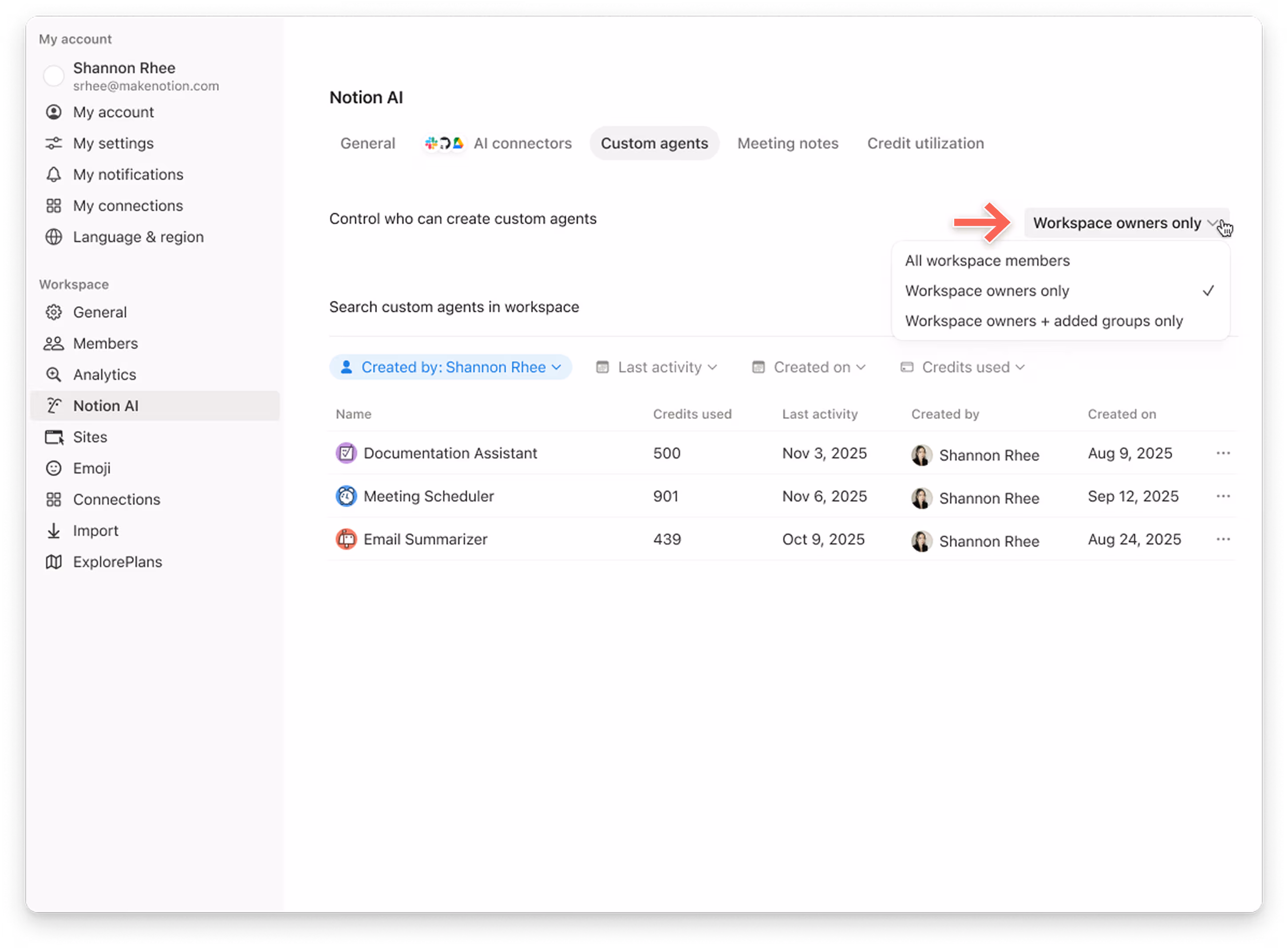 tableau de bord des crédits Notion qui peut créer un agent