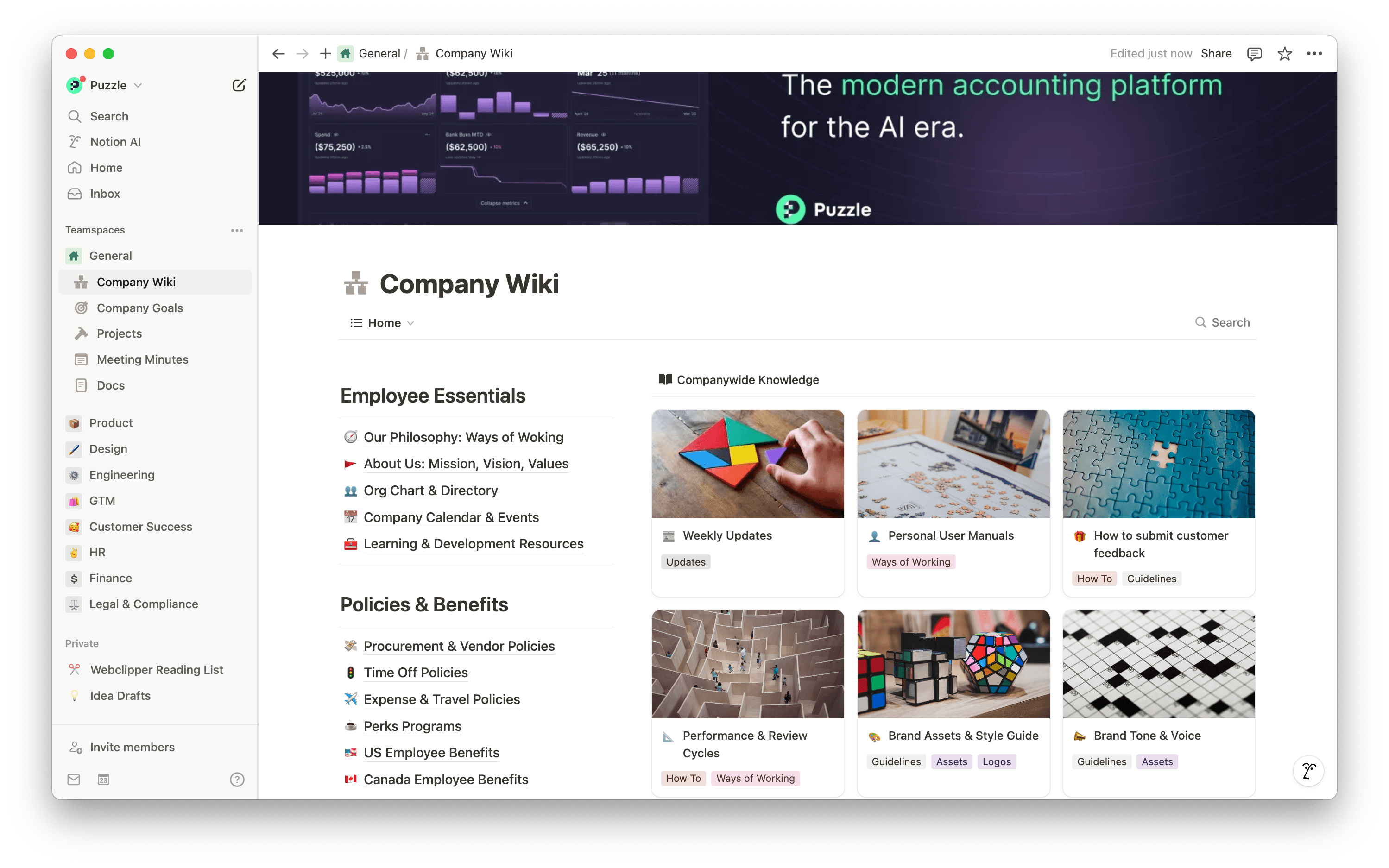 모든 사내 지식을 위한 Puzzle의 중앙 공급원으로 업데이트가 쉽고, 빠르게 찾을 수 있으며, 모든 작업에 완벽하게 연결되어 있습니다.