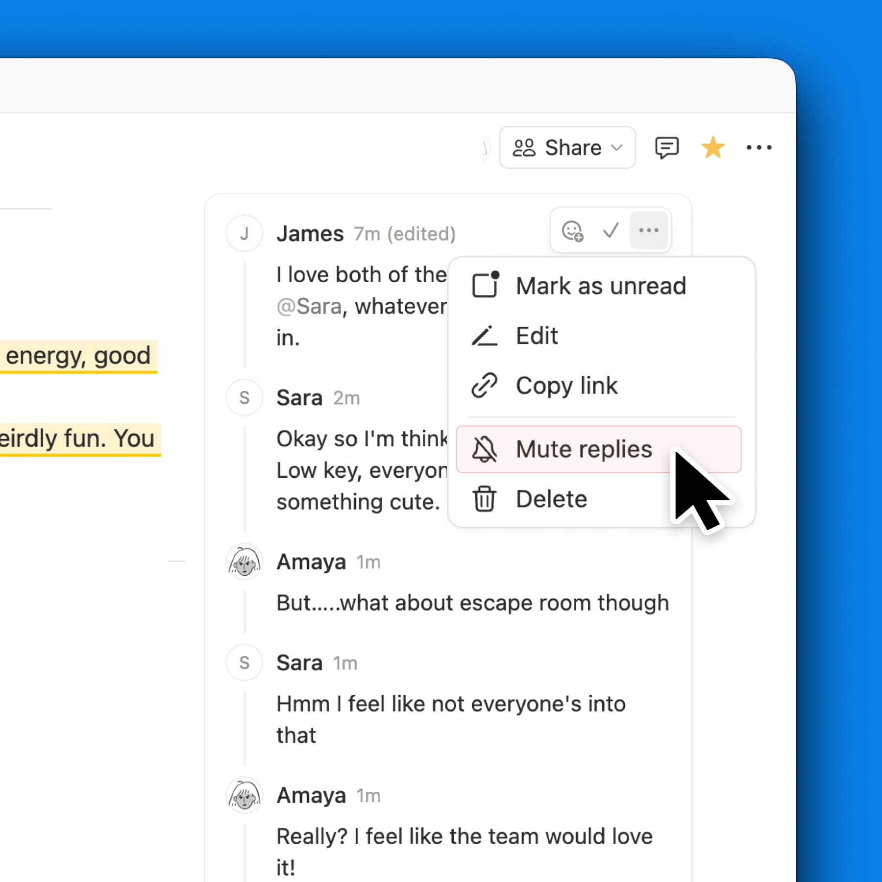 コメントへの返信をミュートする