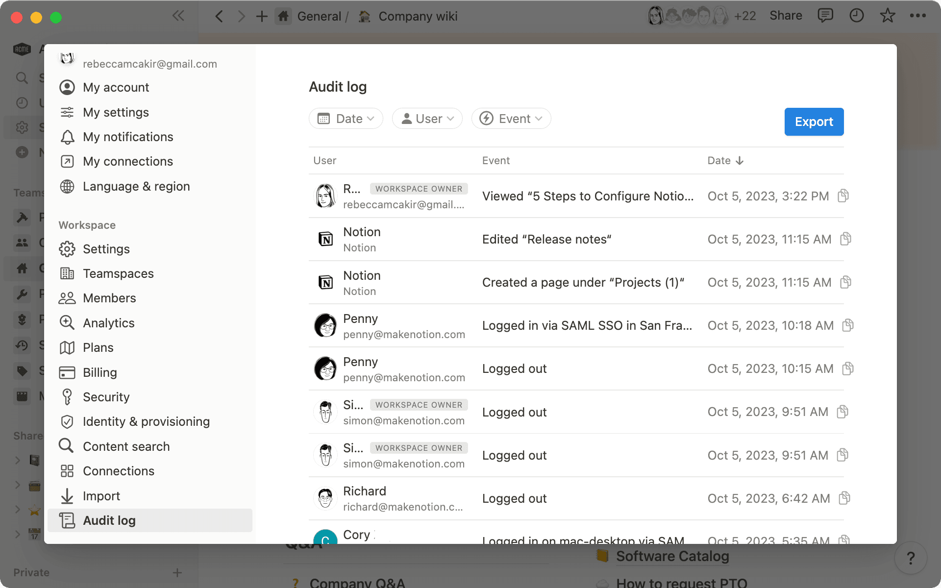 Le journal d’audit permet aux propriétaires d’espaces de travail de voir tous les événements qui se produisent dans leur espace de travail.
