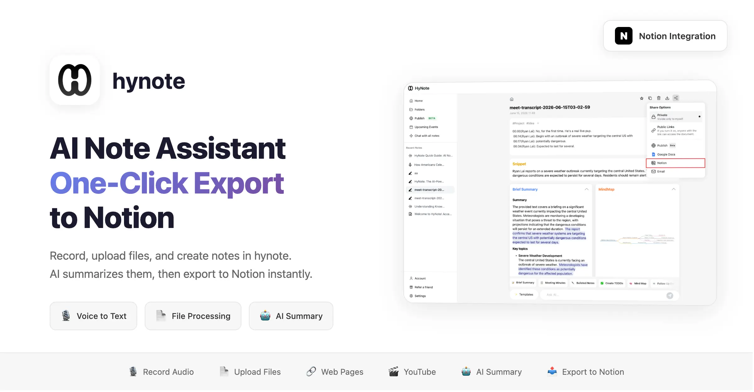 Turn recordings, files, and handwritten notes into clear AI summaries—and export them to Notion in one click.